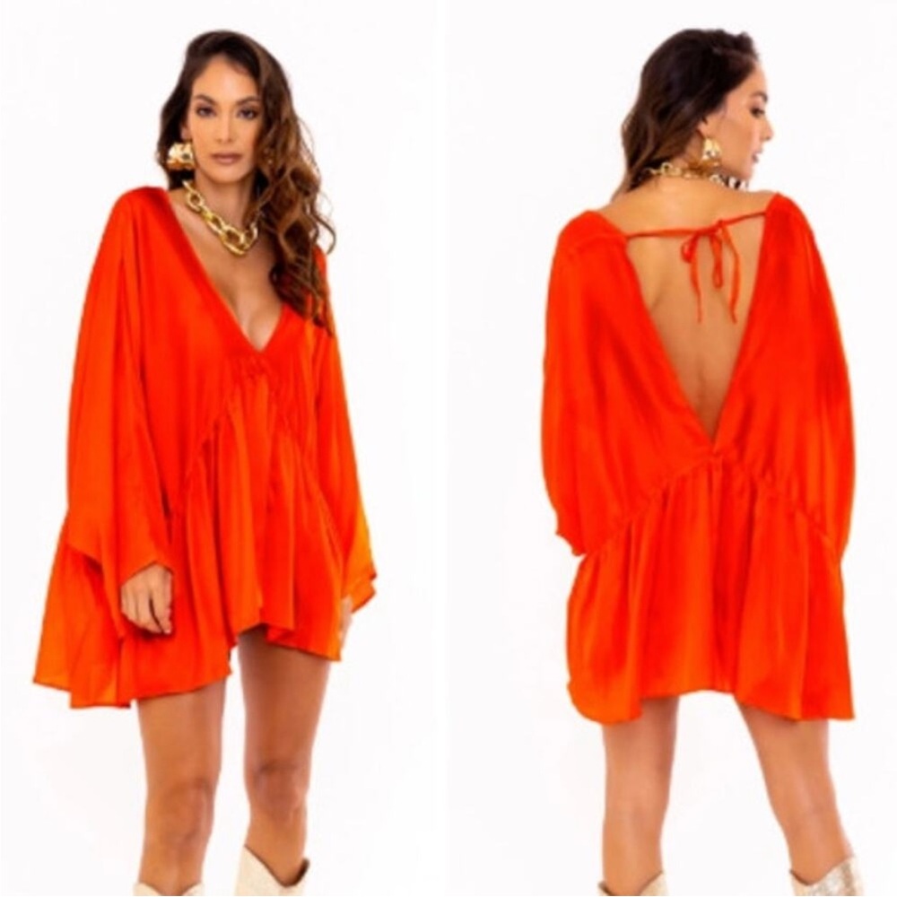 SOAH Long Sleeve Oversized Cover-Up Tunic Dress Coral Women's Size M/L